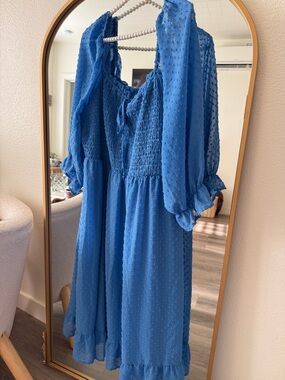 Blue Textured Swiss Dot Midi Dress